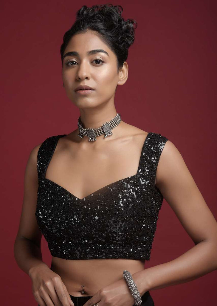Black Blouse With Sweet Heart Neck And Sequins And Moti Work