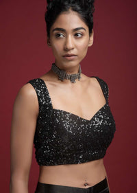 Black Blouse With Sweet Heart Neck And Sequins And Moti Work
