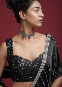 Black Blouse With Sweet Heart Neck And Sequins And Moti Work