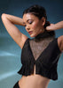 Black Butterfly Mesh Blouse And Palazzo Set In Satin