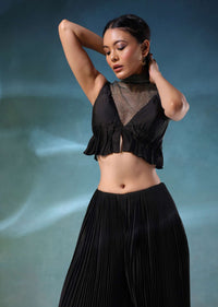 Black Butterfly Mesh Blouse And Palazzo Set In Satin