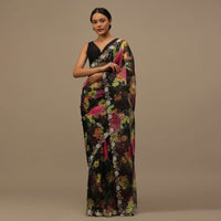 Black Cutdana Embroidered Saree In Organza With Floral Print