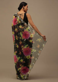 Black Cutdana Embroidered Saree In Organza With Floral Print