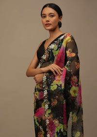 Black Cutdana Embroidered Saree In Organza With Floral Print