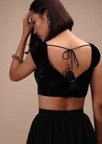 Black Cap Sleeves  Blouse With A Sweetheart Neckline Straight Hem Cut With Tie-Up Tassle Dori At The Back