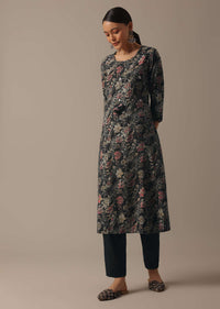 Black Chanderi Kurta Set With Floral Prints