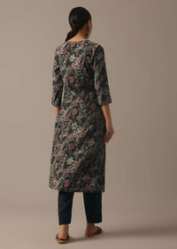 Black Chanderi Kurta Set With Floral Prints