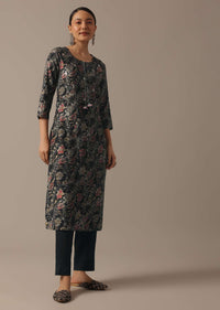 Black Chanderi Kurta Set With Floral Prints