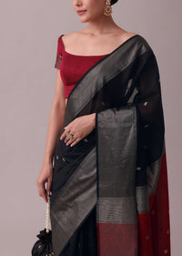 Black Chanderi Silk Handloom Saree With Zari Work