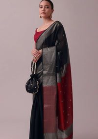 Black Chanderi Silk Handloom Saree With Zari Work