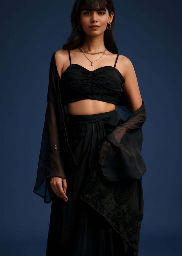 Black Chiffon Asymmetrical Skirt And Jacket Set