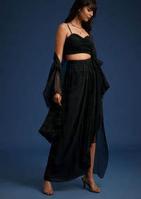 Black Chiffon Asymmetrical Skirt And Jacket Set