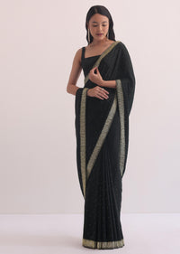 Black Satin Saree With Stone Studded Border