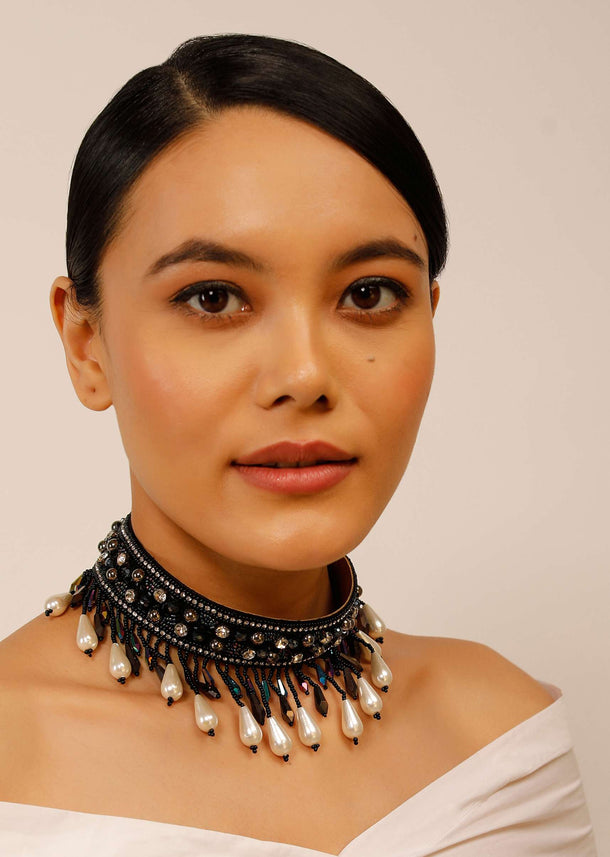 Black Choker Necklace Embroidered With Iridescent Black Beads, Stones And Pearl Drop Fringes