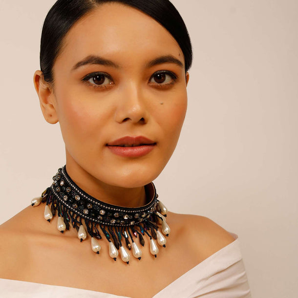 Black Choker Necklace Embroidered With Iridescent Black Beads, Stones And Pearl Drop Fringes