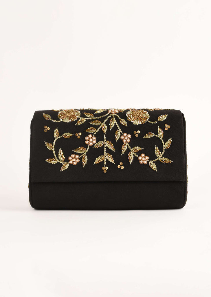 Black Clutch In Suede With Zardosi Embroidered Floral Motifs Online - Kalki Fashion