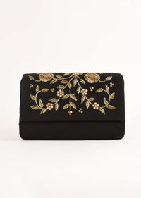 Black Clutch In Suede With Zardosi Embroidered Floral Motifs Online - Kalki Fashion