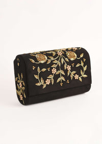 Black Clutch In Suede With Zardosi Embroidered Floral Motifs Online - Kalki Fashion