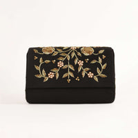 Black Clutch In Suede With Zardosi Embroidered Floral Motifs Online - Kalki Fashion
