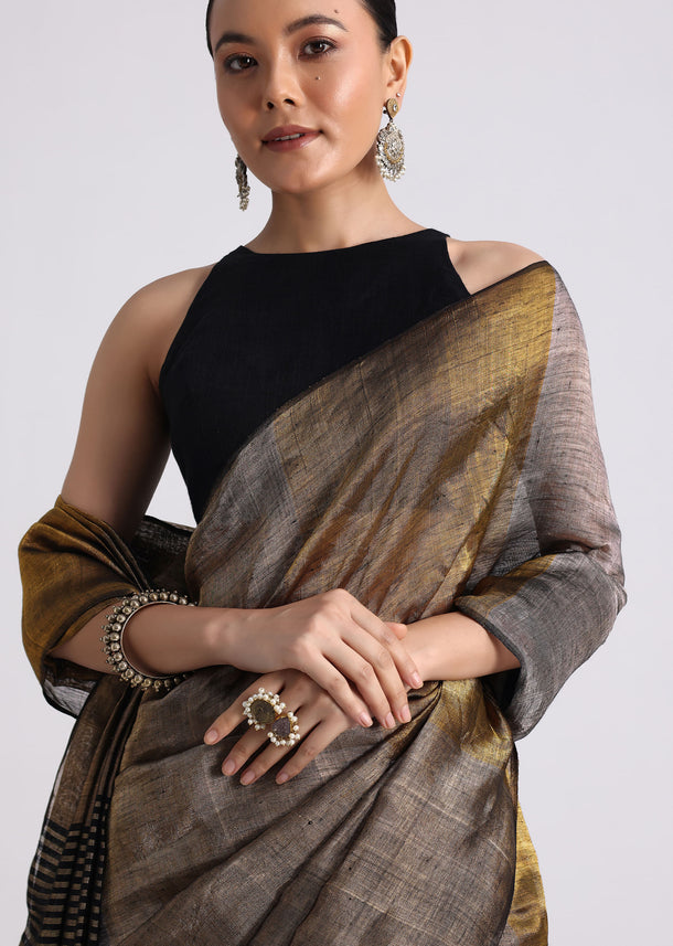 Black Coloblock Linen Tissue Woven Saree