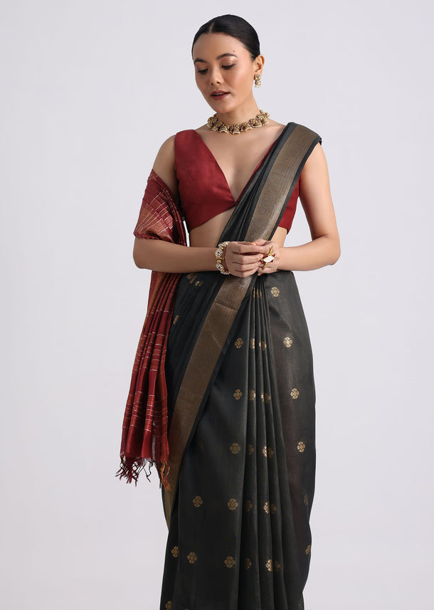 Black Colorblock Spun Silk Saree With Woven Butti Work