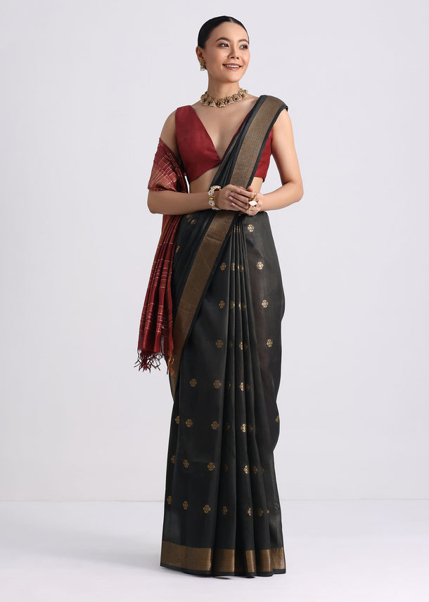 Black Colorblock Spun Silk Saree With Woven Butti Work