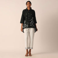 Black Cotton Embroidered Shirt And Pant Set