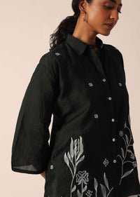 Black Cotton Embroidered Shirt And Pant Set