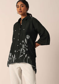 Black Cotton Embroidered Shirt And Pant Set