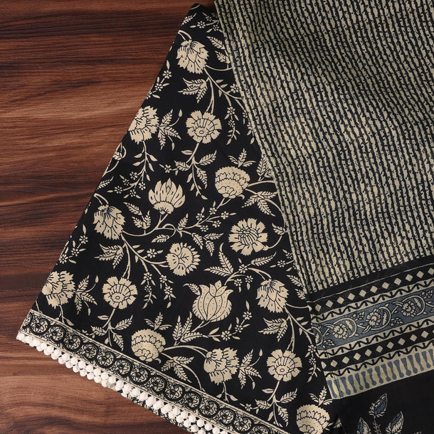 Black Cotton Kalamkari Printed Unstitched Dress Material