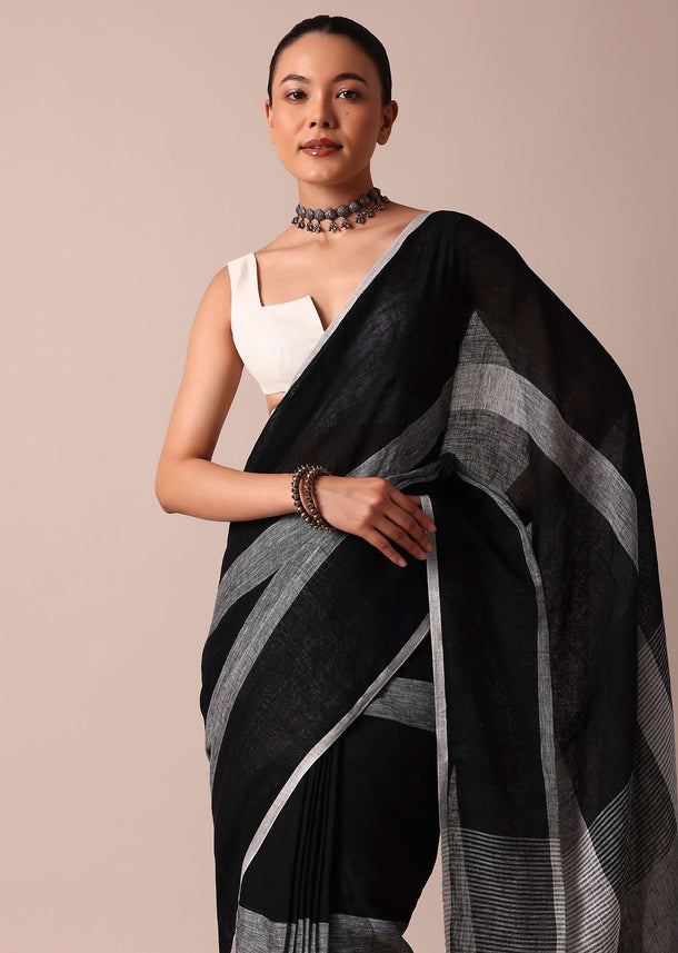 Black Cotton Linen Diagonal Striped Saree With Unstitched Blouse Piece