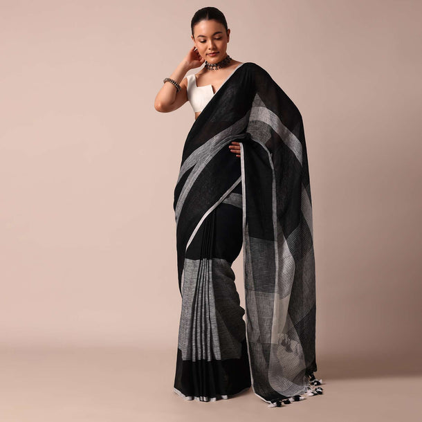 Black Cotton Linen Diagonal Striped Saree With Unstitched Blouse Piece