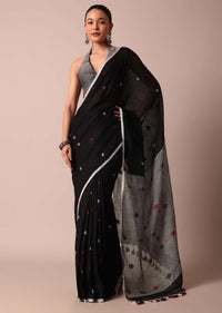 Black Cotton Linen Polka Dot Motif Saree With Unstitched Blouse Piece