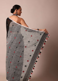 Black Cotton Linen Polka Dot Motif Saree With Unstitched Blouse Piece