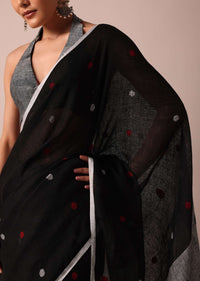 Black Cotton Linen Polka Dot Motif Saree With Unstitched Blouse Piece