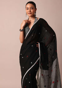 Black Cotton Linen Polka Dot Motif Saree With Unstitched Blouse Piece