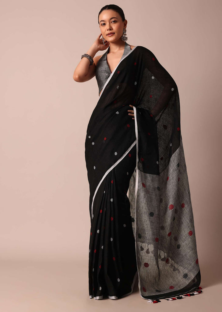 Black Cotton Linen Polka Dot Motif Saree With Unstitched Blouse Piece