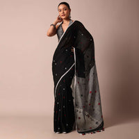 Black Cotton Linen Polka Dot Motif Saree With Unstitched Blouse Piece