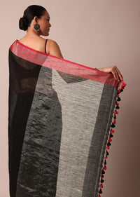 Black Cotton Linen Saree With Contrast Border And Unstitched Blouse Piece