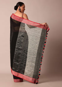 Black Cotton Linen Saree With Contrast Border And Unstitched Blouse Piece