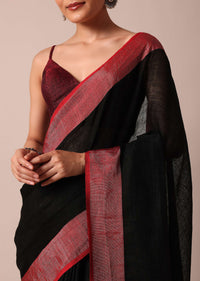Black Cotton Linen Saree With Contrast Border And Unstitched Blouse Piece