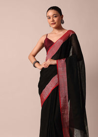 Black Cotton Linen Saree With Contrast Border And Unstitched Blouse Piece