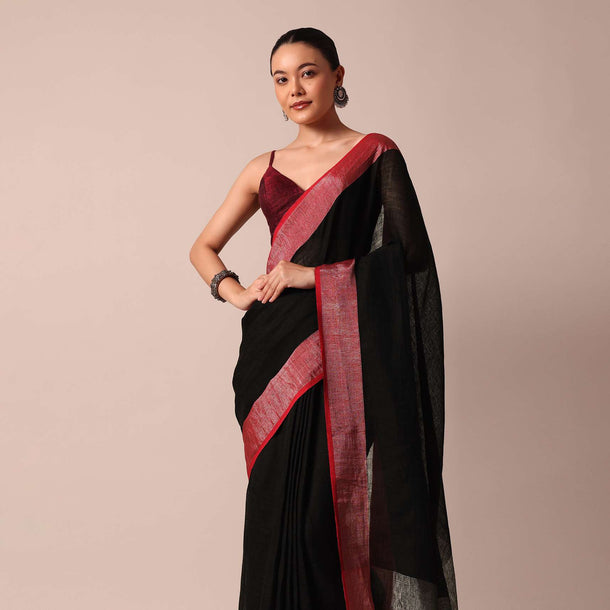 Black Cotton Linen Saree With Contrast Border And Unstitched Blouse Piece