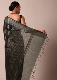 Black Cotton Linen Saree With Sequin Work And Unstitched Blouse Piece
