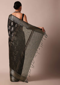 Black Cotton Linen Saree With Sequin Work And Unstitched Blouse Piece