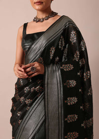 Black Cotton Linen Saree With Sequin Work And Unstitched Blouse Piece