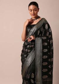 Black Cotton Linen Saree With Sequin Work And Unstitched Blouse Piece