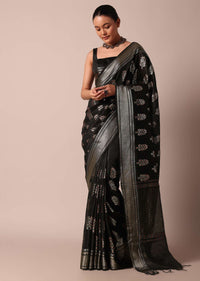 Black Cotton Linen Saree With Sequin Work And Unstitched Blouse Piece