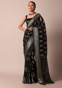 Black Cotton Linen Saree With Sequin Work And Unstitched Blouse Piece