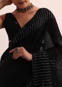 Black Cotton Linen Saree With Thread Work And Unstitched Blouse